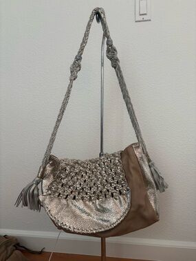 Metallic Gold and Taupe Braided Shoulder Bag with Tassels